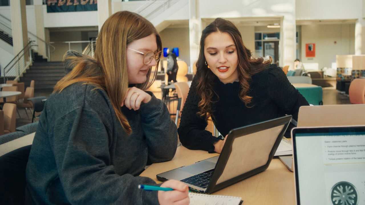 Two students in a library engrossed in a discussion while looking at a laptop.