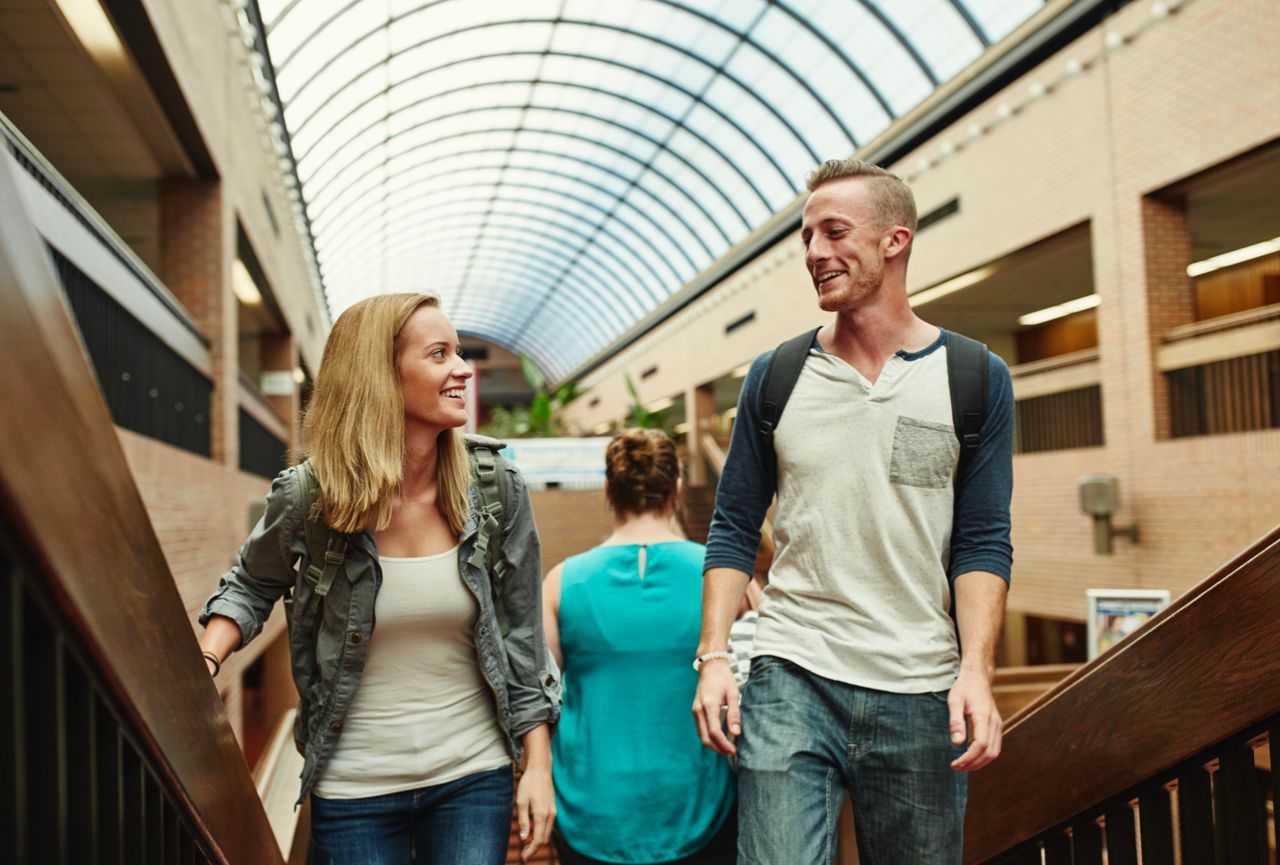 Students chatting and walking up the stairs